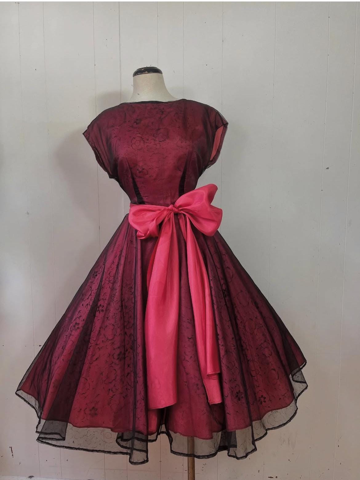 1950s flocked black and pink dress