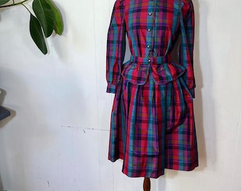 1980s Japanese silk plaid dress with peplum