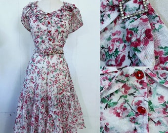 1950s cherry blossoms print with glass buttons