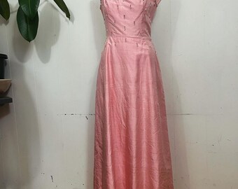 1960s bejewelled pink silk evening gown dress low back crystal droplets