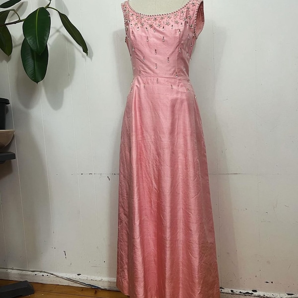 1960s bejewelled pink silk evening gown dress low back crystal droplets