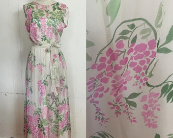 1960s nouveau wisteria print silk chiffon dress