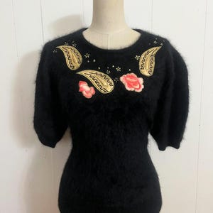 1980s mega fluffy angora sweater with rose applique