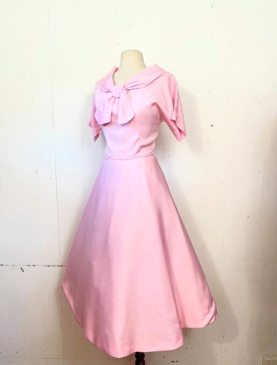 1940s pink faille fit and flare dress gown