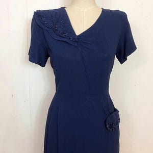 1940s ASYMMETRIC beaded Prussian blue dress with pocket