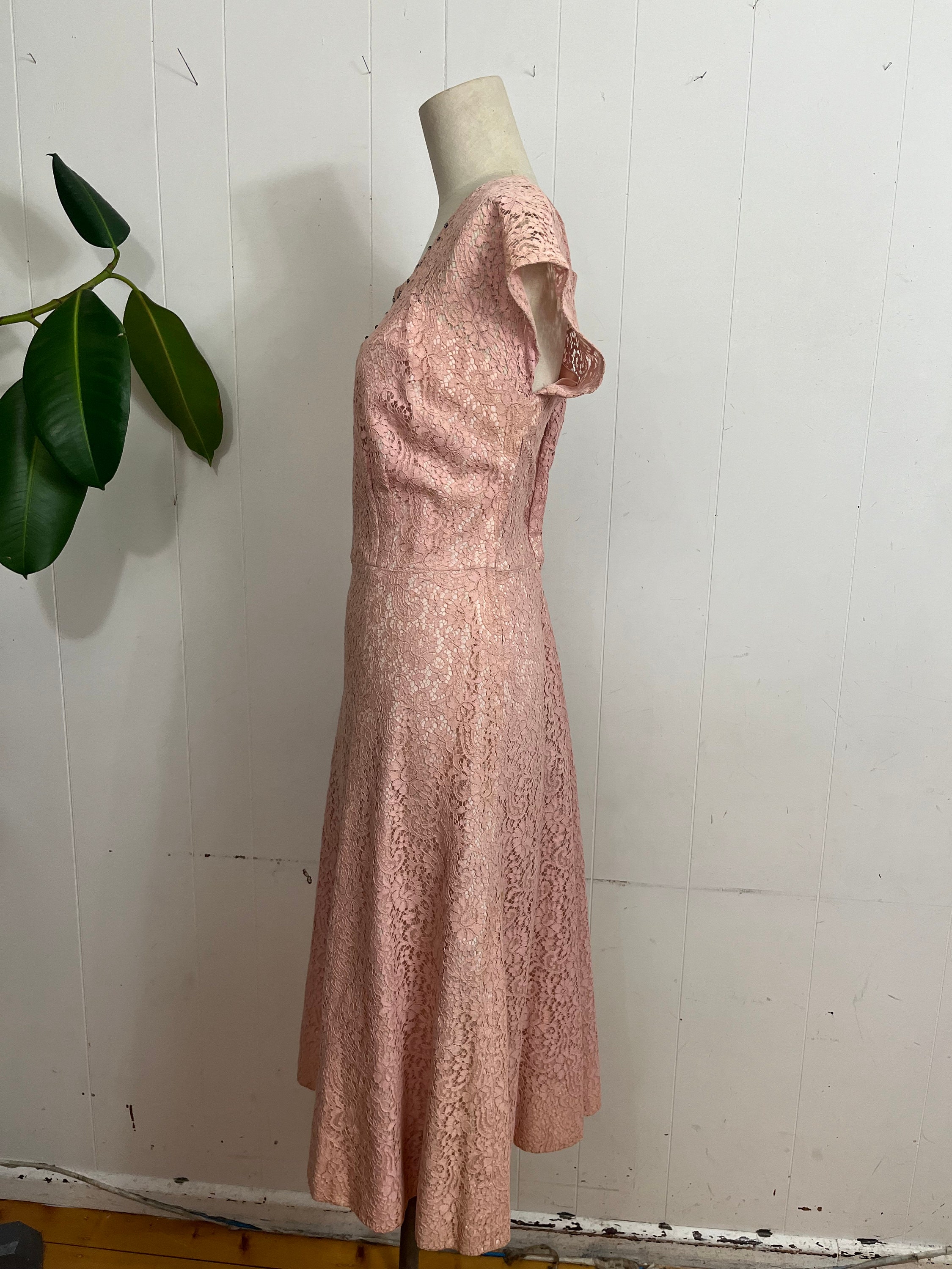 1940s rhinestone studded pink lace dress