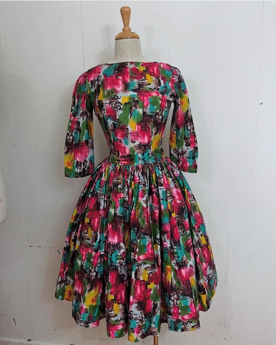 1950s abstract painterly print cotton day dress full skirt