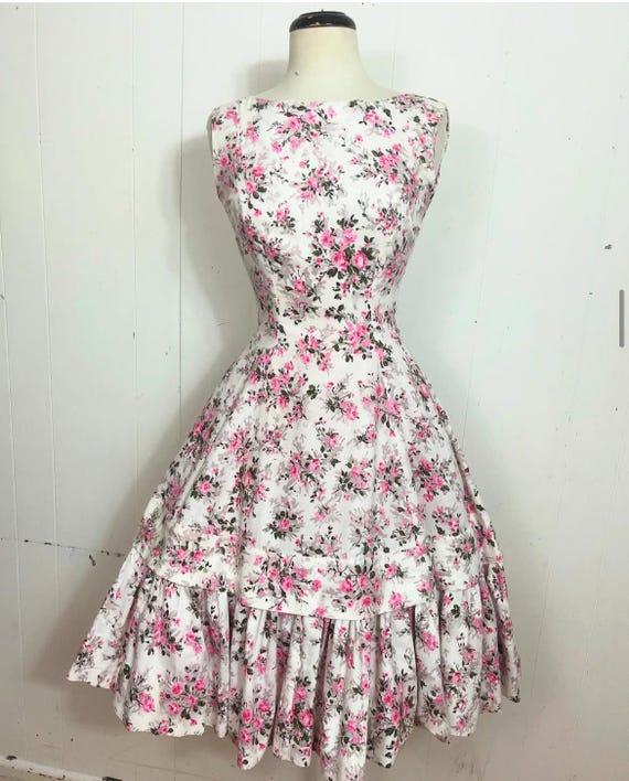 1950s Floral Brushed Cotton Dropped Waist Fit and Flare Dress - Etsy