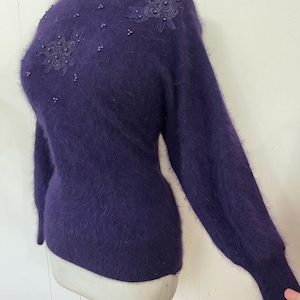 1950s style angora sweater roses pearls 1980s does 50s L / XL