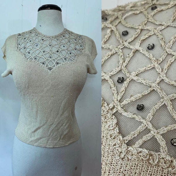 1940s Hollywood glamour knit blouse rhinestones