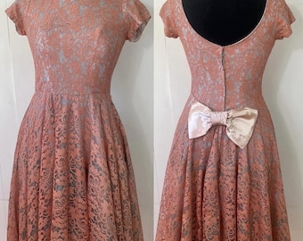 1950s pinky rust turquoise lining lace dress bow back