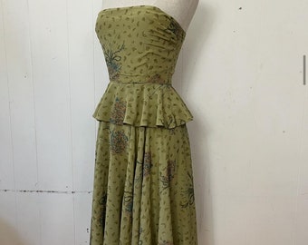 Handprinted 1970s pure silk PRUE ACTON designer dress full circle skirt true vintage peplum