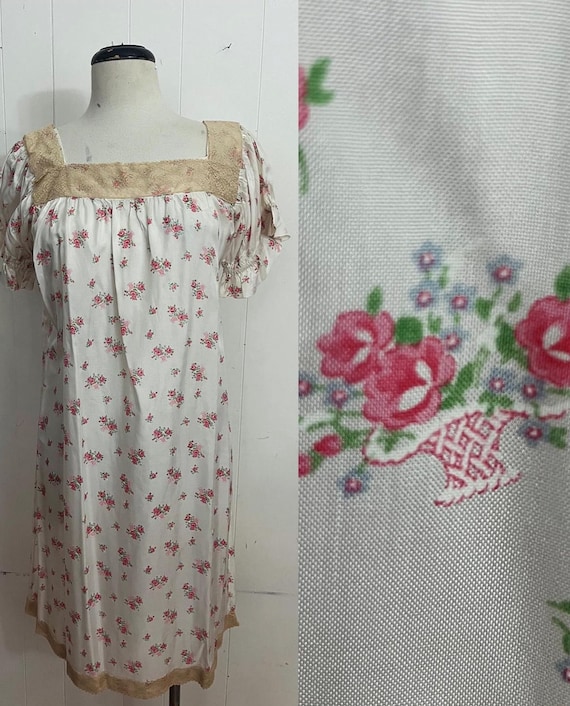 1940s silk rose in a basket print puffed sleeves … - image 1