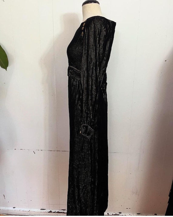 1960s gold striped Black velvet maxi princess line long sleeve dress