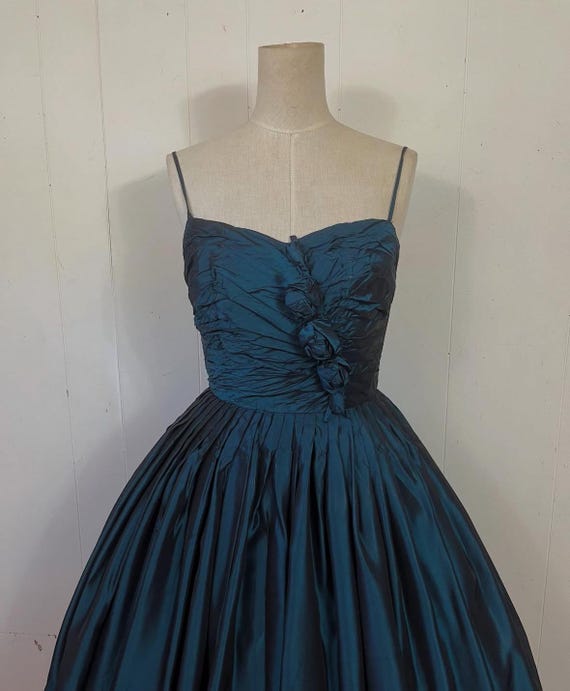 1950s 3D roses iridescent blue taffeta fit & flare dress made in Australia