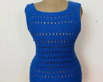 Chaleco de crochet azul cobalto, talla L, XL y XXL, años 60