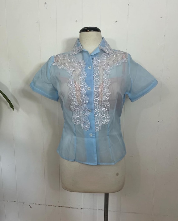 1950s see through blue lace appliqué  blouse  dea… - image 2