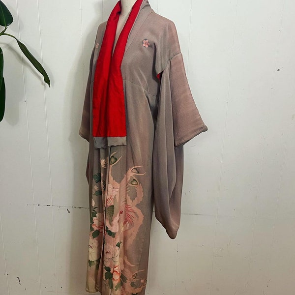 Antique 1900s HAND PAINTED phoenix silk & silk crepe kimono