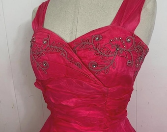 1950s pink silk organdie rhinestone studded soutache embroidered rushed dress