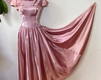 1930s liquid satin, chocolate wrapper pink ballgown