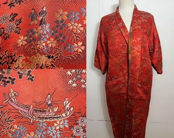 1960s orange damasked silk rayon brocade robe