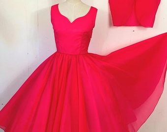 1950s irridescent hot pink fit and flare dress with matching bolero