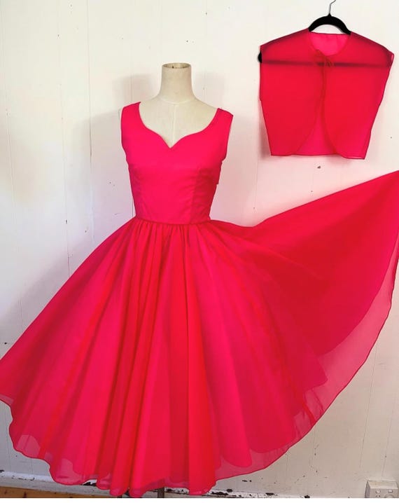 1950s irridescent hot pink fit and flare dress with matching bolero