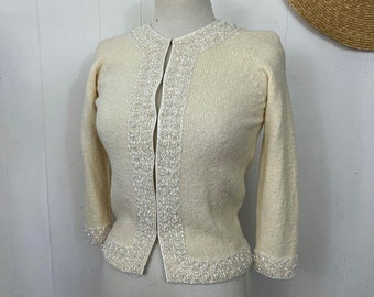 1950s cream boucle beaded cardigan