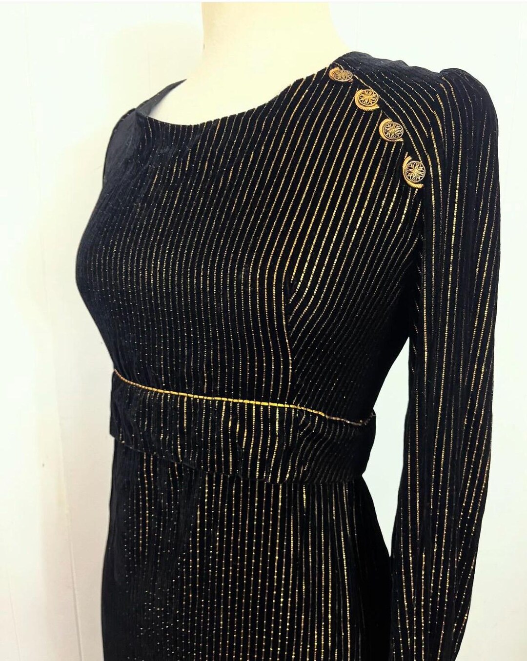 1960s Gold Striped Black Velvet Maxi Princess Line Long Sleeve