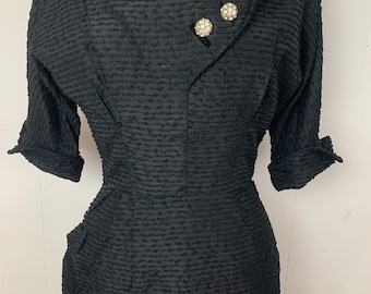 Devastating 1950s silk boucle wiggle dress rhinestone detail small 26” waist