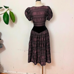 1940s purple Swiss waist striped dress with puffed sleeves fit and flare