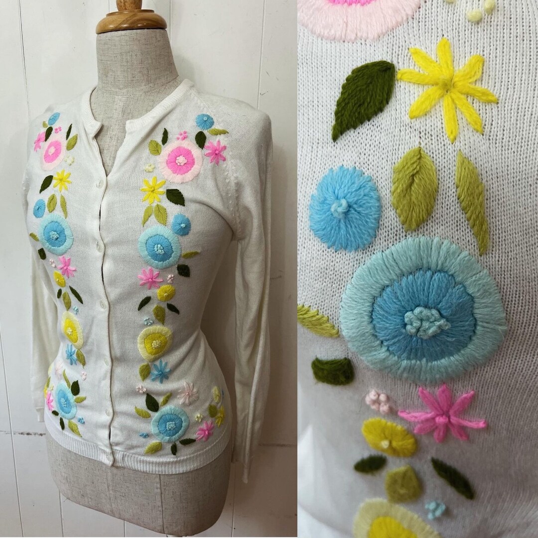 1960s Vintage Fluorescent Hand Embroidered Cardigan Acrylic Orlon