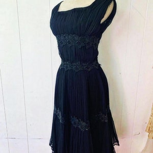 Black 1960s silk hourglass wiggle chiffon & lace dress