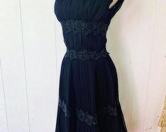 Black 1960s silk hourglass wiggle chiffon & lace dress
