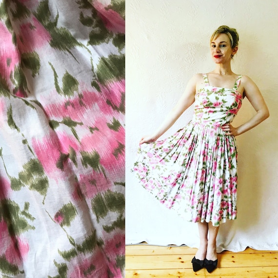 1950s abstract pink rose print dress Xs S