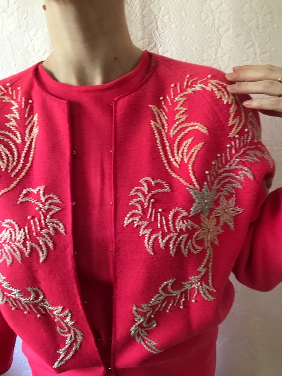 1950s hot pink knit set 3 piece pure wool beaded s