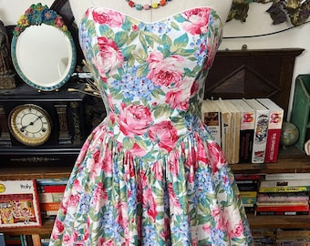 1980s does 1950s strapless rose print party dress by Anne Stooke