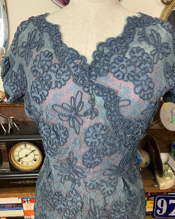 1940s L French blue grey lace, soutache embroider… - image 4