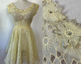 1950s lemon beaded organdie broiderie Anglaise eyelet lace dress