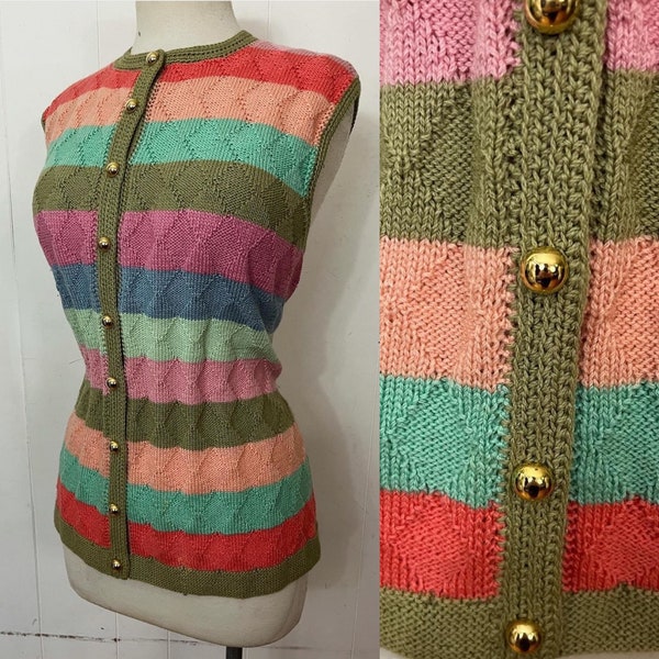 Gilet arc-en-ciel tricoté main années 70/80 L XL XXL pure laine