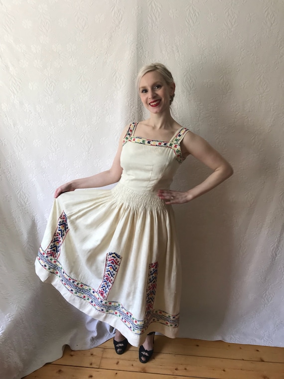 1940s linen hand embroidered folk dress possibly h