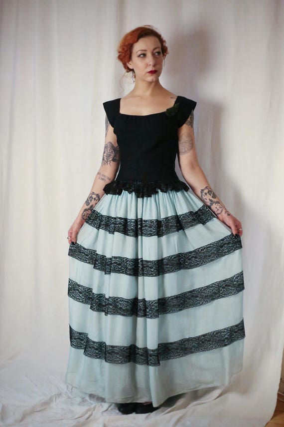 1930s full length Linen & lace dress duck egg blue