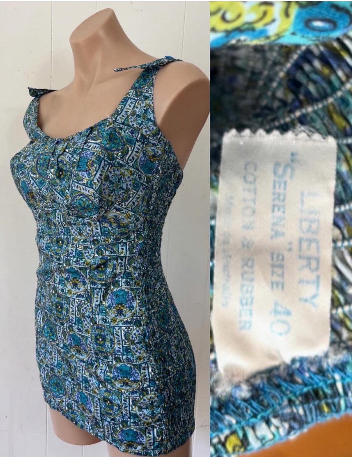 1950s DEADSTOCK LIBERTY cotton blue geometric print ruched bathers swimsuit
