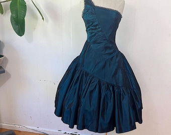 Rare Vintage single shoulder 1950s rushed turquoise dress