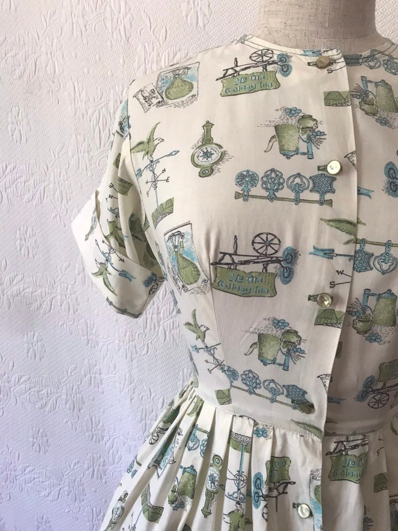 1960s novelty print coffee balloons wind vane barometer advertising sign shirt waist dress