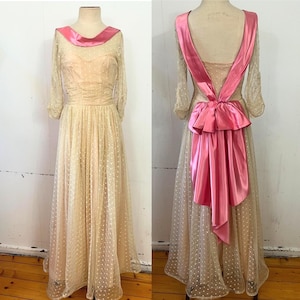 1940s pink sash bow back tulle lace gown evening dress prom formal