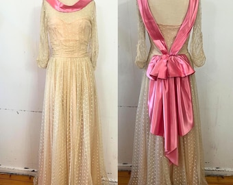 1940s pink sash bow back tulle lace gown evening dress prom formal