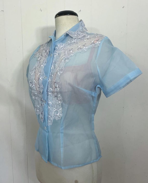 1950s see through blue lace appliqué  blouse  dea… - image 1