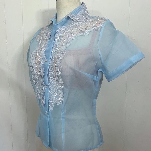 1950s see through blue lace appliqué  blouse  deadstock with tags  true vintage