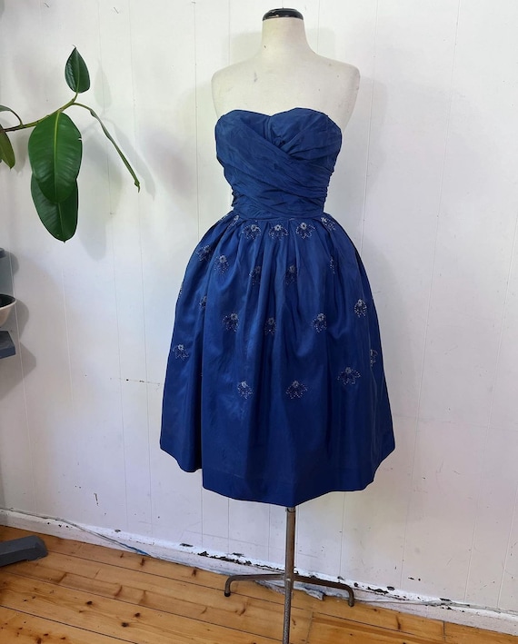 1950s Blue Beaded Silk Strapless Cocktail Party Dress Ballgown Etsy Canada